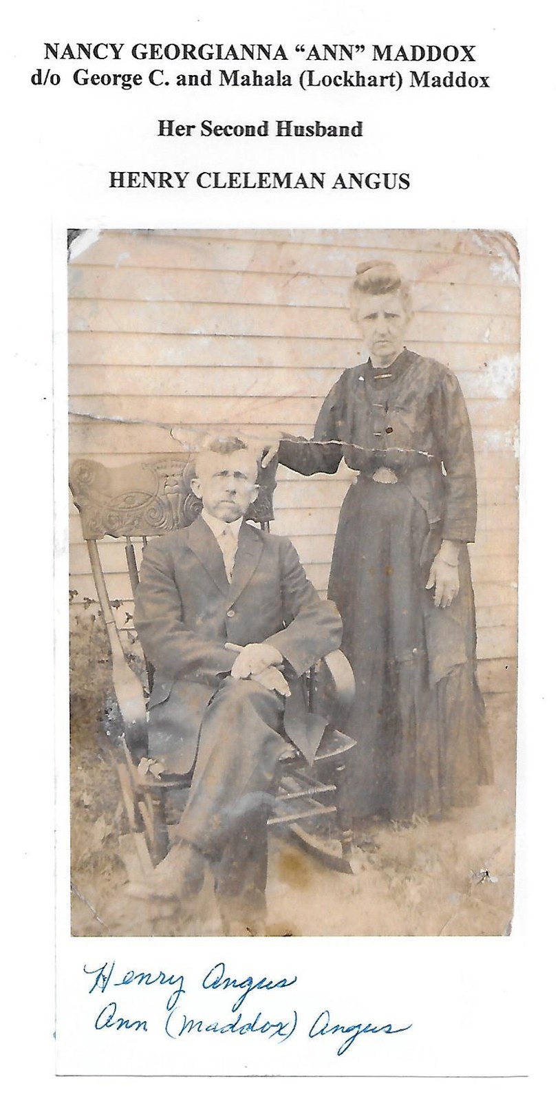Archival scan crop showing portrait identified as Nancy Georgianna “Ann” Maddox and her second husband, Henry Cleleman Angus.
